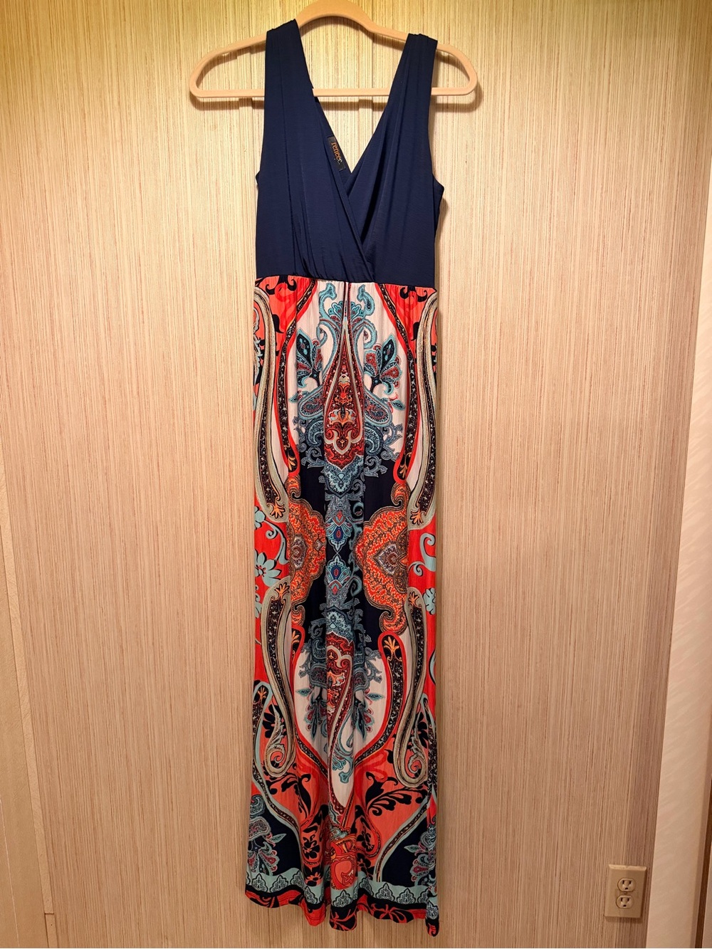 Renee C. Navy Top Coral & Teal Paisley Maxi Dress